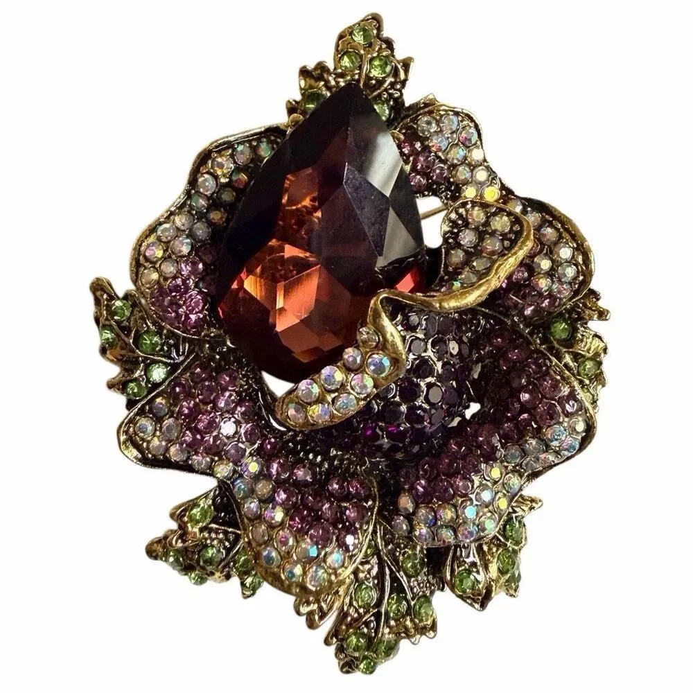 Large Couture Style Floral Rhinestone Brooch – Oversized Statement Pin – Gold To